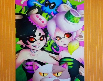 May include: A colorful illustration featuring two anime-style characters with black and white hair, and a grumpy cat. The image has the words "Stay Fresh!" in a bubble. The background is a mix of green, pink, and blue.