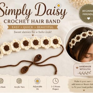 Daisy Headband Crochet Pattern Spring Floral Hairband, Flower Hair Band Tutorial, Women Knitted Headwrap Crochet Pattern
