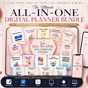 May include: A digital planner bundle with over 20 planners, including website, debt budget, and social media marketing planners. The image features a tablet, phone, and various planner covers with text like "Finance Planner" and "ADHD Brain Dump Planner."