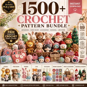 Puede incluir: Un paquete digital de más de 1500 patrones de ganchillo que incluye animales amigurumi, osos de peluche, conejos, gatos, llaveros, cuadrados granny, bolsos y artículos de temporada. Incluye texto para cursos en video, PDF y derechos comerciales.