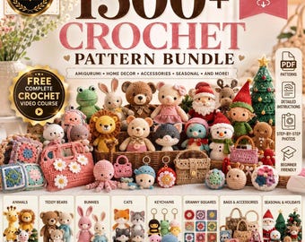 Paquete de más de 1500 patrones de crochet PLR MRR en PDF / Amigurumi, Cuadrado de la Abuela, Bolsos, Osos, Gatos, Conejitos, Navidad + Curso de video de crochet adicional