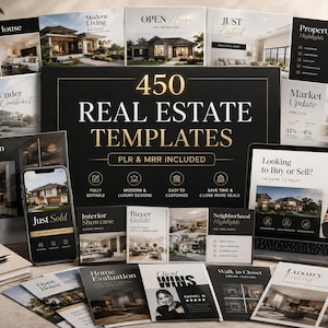 May include: A collection of real estate marketing templates, including brochures, social media graphics, and a laptop displaying a real estate agent. The text reads "450 REAL ESTATE TEMPLATES" and "Looking to Buy or Sell?"