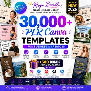 30,000+ Canva Instagram & Social Media Templates | PLR MRR Editable Instagramable Template Bundle for Coaches, Small Businesses and Marketer