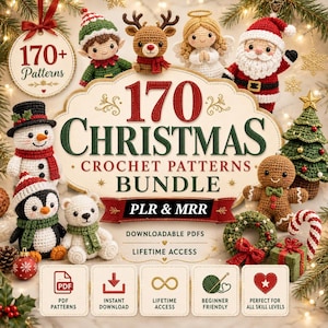 May include: A digital bundle of 170 Christmas crochet patterns featuring amigurumi figures including Santa, an elf, a reindeer, an angel, a snowman, a penguin, a bear, a gingerbread man, a tree, a wreath, and a candy cane.