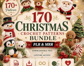 Paquete de más de 170 patrones de crochet navideños PLR MRR en PDF, patrón de adorno de campana de Papá Noel con muñeco de nieve, amigurumi navideño y decoración festiva, descarga instantánea.
