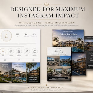 Luxury beige real estate Instagram templates bundle mockup showing 650 Canva editable posts, stories, reels covers, and premium realtor branding kit with PLR MRR rights