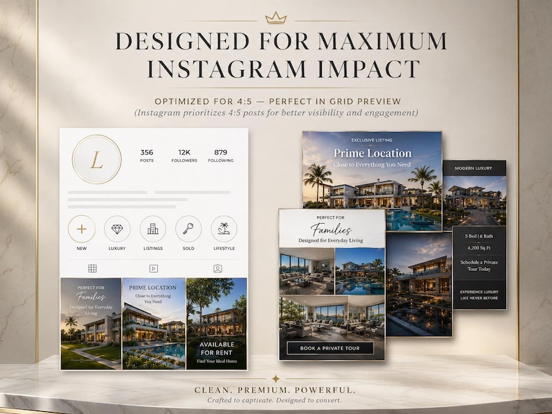 Luxury beige real estate Instagram templates bundle mockup showing 650 Canva editable posts, stories, reels covers, and premium realtor branding kit with PLR MRR rights