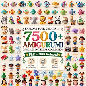 Pakiet ponad 7500 wzorów PLR MRR na szydełkowe amigurumi w formacie PDF | Urocze wzory na szydełkowe zwierzęta | Przyjazne dla początkujących wzory na pluszaki | Natychmiastowe pobranie