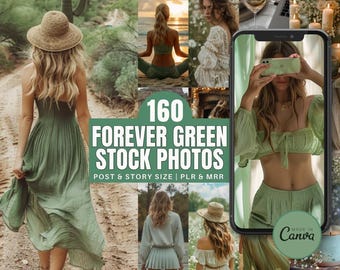 Fotos estéticas en verde salvia / Imágenes de chica jefa sin rostro en verde oliva / Plantillas para publicaciones e historias de Instagram sobre estilo de vida siempre verde / PLR MRR