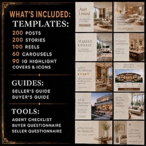 Beige real estate Instagram templates preview showing luxury realtor posts, stories, highlight covers, and modern social media branding kit for agents and brokers