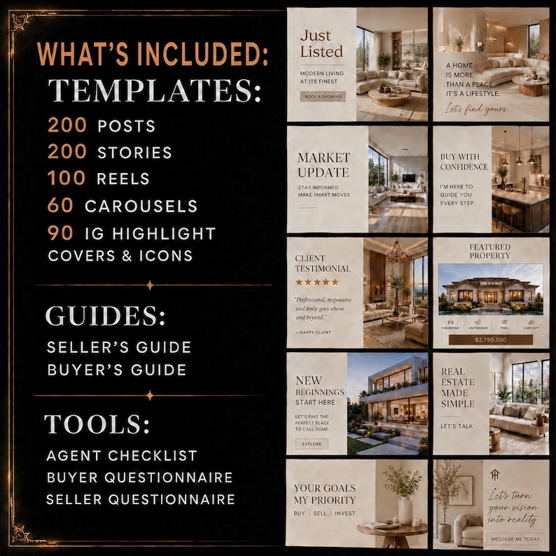 Beige real estate Instagram templates preview showing luxury realtor posts, stories, highlight covers, and modern social media branding kit for agents and brokers
