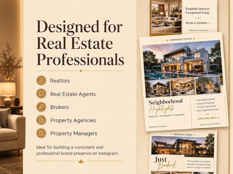 Neutral aesthetic real estate social media templates mockup with elegant Instagram posts, stories, and branding visuals