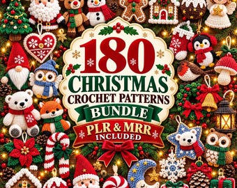 Paquete de más de 180 patrones de crochet navideños PLR MRR en PDF, amigurumis navideños y decoración festiva, patrón de adorno de campana de Papá Noel con muñeco de nieve, descarga digital.