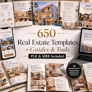 May include: A collection of real estate marketing templates, guides, and tools featuring the text 650 Real Estate Templates + Guides & Tools PLR & MRR Included. The display includes printed brochures, a smartphone, and a laptop showing property listings.