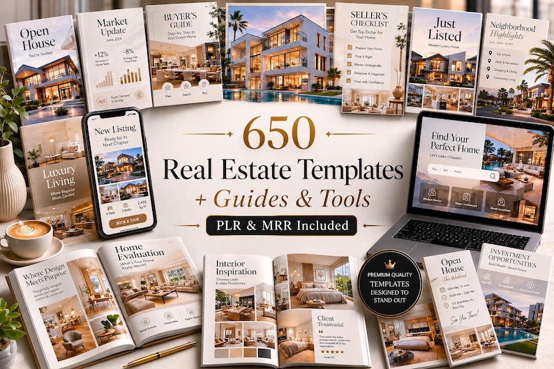 Luxury real estate marketing templates bundle mockup featuring beige aesthetic Instagram posts, stories, reels covers, and realtor branding kit for Canva PLR MRR