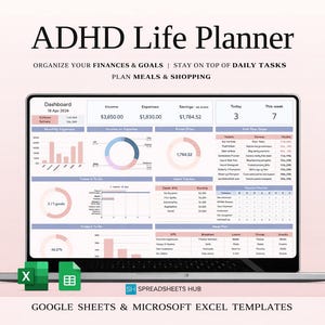 Könnte beinhalten: Ein Laptop zeigt eine ADHD Life Planner-Tabelle mit Finanzdaten, Diagrammen und Aufgabenlisten. Der Bildschirm zeigt den Text "ADHD Life Planner" und "Organisieren Sie Ihre Finanzen und Ziele, Behalten Sie den Überblick über tägliche Aufgaben, Planen Sie Mahlzeiten und Einkäufe".