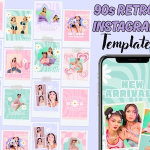 May include: A digital template for Instagram posts with a 90s retro aesthetic. The design features a collection of polaroid-style images with pastel colors, daisy accents, and the text "New Arrivals". The template is designed in Canva.