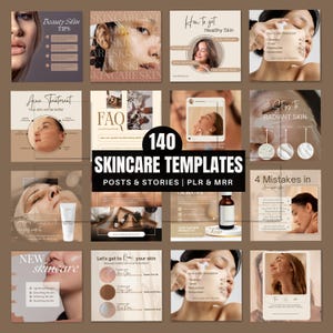 May include: A collection of 140 skincare social media templates featuring neutral beige and brown tones. The designs include text overlays such as Beauty Skin Tips, FAQ, Acne Treatment, and 140 Skincare Templates Posts & Stories | PLR & MRR.