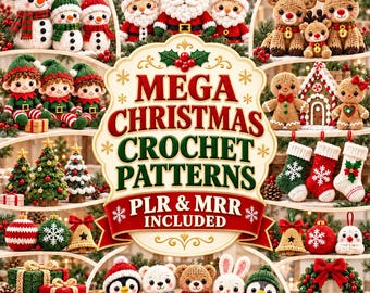Paquete de patrones de crochet navideños PLR MRR Mega en PDF, amigurumi navideño y decoración festiva, patrón de adorno de campana de Papá Noel con muñeco de nieve, descarga digital