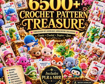 Paquete de más de 6500 patrones de crochet PLR MRR en PDF, mega colección de patrones de amigurumi, PDF de peluches de animales adorables para principiantes, descarga instantánea.