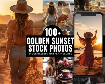 Fotos de archivo de la hora del atardecer dorado Estética bohemia / Imágenes de resplandor dorado del atardecer femenino sin rostro / PLR MRR Imagen de resplandor crepuscular cálido y suave con tono miel