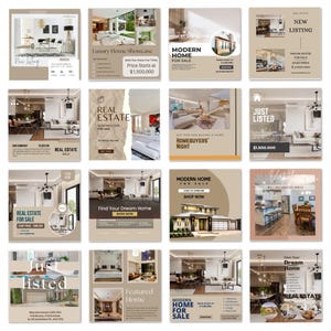 Complete real estate Instagram content system mockup including posts, stories, reels covers, buyer and seller guides in luxury neutral design