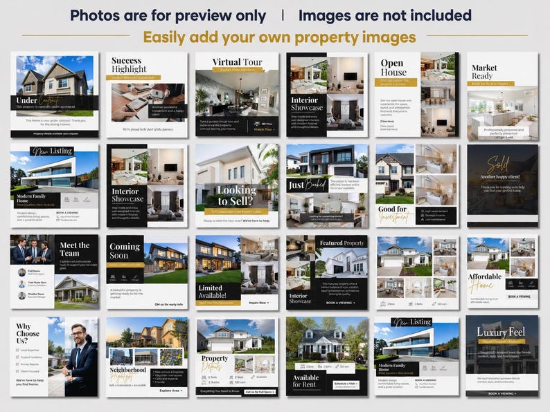 Realtor Canva templates for Instagram, luxury real estate marketing posts, stories and carousel layouts for social media branding