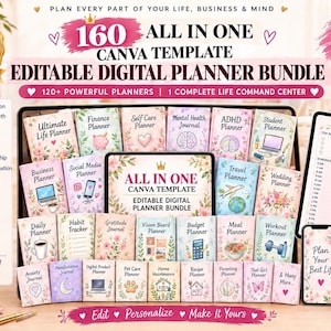May include: A digital planner bundle featuring 160 editable Canva templates. The display shows various planner covers including Finance, Self Care, and ADHD planners, alongside a tablet and phone screen displaying daily planning layouts and text.