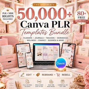 May include: A digital bundle of 50,000+ Canva PLR templates featuring planners, journals, trackers, and workbooks. The display includes a laptop, tablet, and smartphone showing template designs, with text overlays stating PLR + MRR rights included.