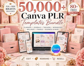 Paquete de más de 50.000 plantillas PLR de Canva / Planificadores, diarios y rastreadores editables / Derechos MRR y PLR incluidos / Productos digitales para revender