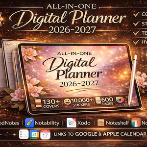 Puede incluir: Un planificador digital para 2026-2027, con una tableta que muestra "Digital Planner" y diseños florales. Incluye cubiertas, pegatinas, plantillas e hipervínculos. La imagen también muestra un lápiz óptico, gafas e iconos de aplicaciones.