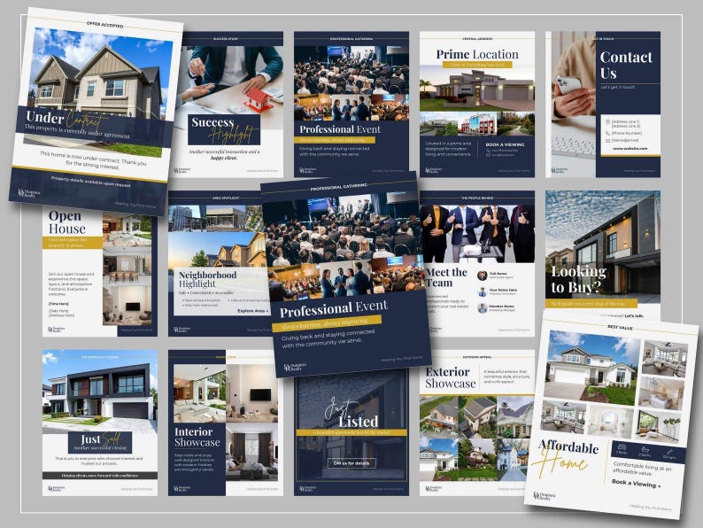 Feminine and modern real estate Instagram templates, Canva editable realtor branding kit for social media marketing