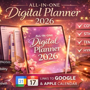 Può includere: Planner digitale per il 2026, con il testo "All-in-One Digital Planner 2026" su un tablet. Include copertine, adesivi, modelli e collegamenti ipertestuali. Compatibile con GoodNotes, Notability, Xodo e Noteshelf. Link a Google e Apple Calendar.