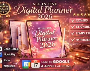 Planificador digital todo en uno 2026, 2027 y 2028. Planificador Goodnotes. Planificador semanal diario para TDAH. Notability. Con hipervínculos. iPad. Apple. Sincronización con Google Calendar.