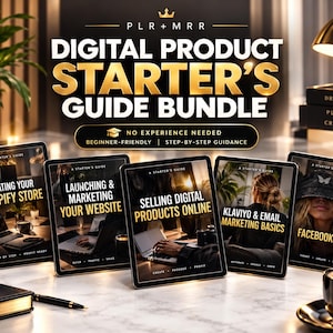 May include: A digital product starter's guide bundle featuring five tablet screens displaying titles: Creating Your Shopify Store, Launching & Marketing Your Website, Selling Digital Products Online, Klaviyo & Email Marketing Basics, and Facebook Ads.
