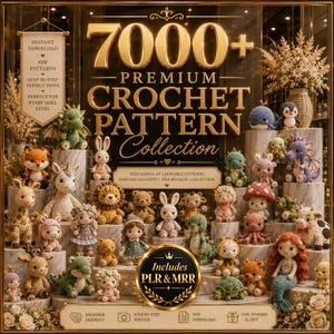 Puede incluir: Un anuncio digital para una colección de más de 7000 patrones de ganchillo premium que presenta numerosos animales de peluche tejidos a ganchillo coloridos, incluyendo dragones, conejos, una jirafa, una sirena y un zorro, con textos dorados.