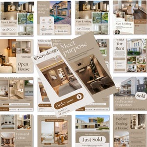 Real estate Canva templates bundle mockup with 650 luxury Instagram posts, stories, reels covers, buyer seller guides, and neutral aesthetic branding