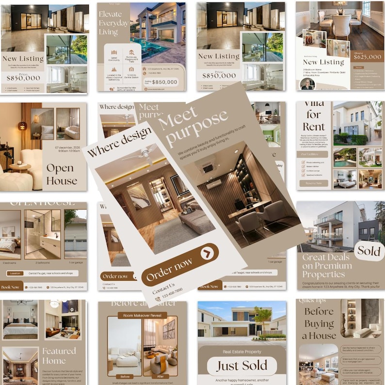 Real estate Canva templates bundle mockup with 650 luxury Instagram posts, stories, reels covers, buyer seller guides, and neutral aesthetic branding