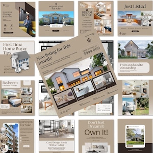 Luxury realtor Instagram templates mockup displaying elegant beige social media posts, stories, and reels covers for real estate marketing and branding