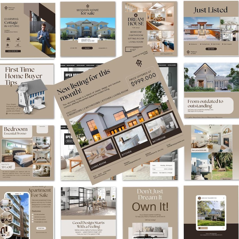 Luxury realtor Instagram templates mockup displaying elegant beige social media posts, stories, and reels covers for real estate marketing and branding