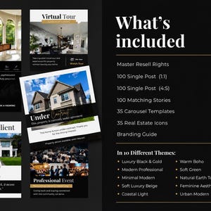 Luxury realtor branding kit Canva templates, real estate Instagram posts, stories and carousel templates for property marketing