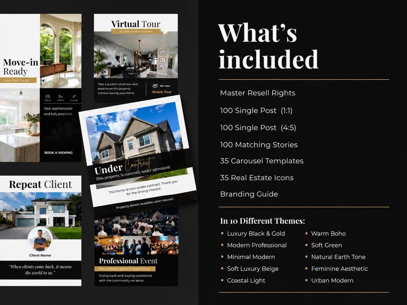 Luxury realtor branding kit Canva templates, real estate Instagram posts, stories and carousel templates for property marketing