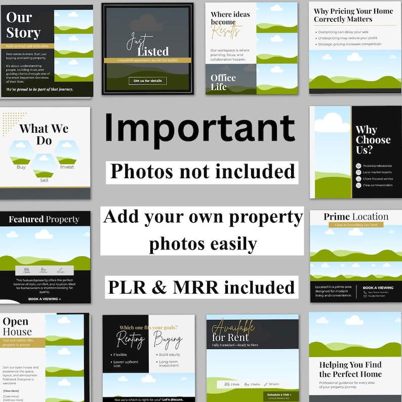 Luxury aesthetic Real estate Instagram post templates for property managers, realtor and agencies, the templates are Canva editable social media marketing content.