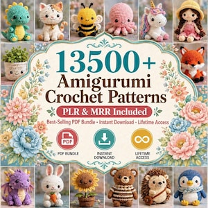 May include: A collection of 13500+ Amigurumi Crochet Patterns featuring a central text display surrounded by various crocheted figures including a lion, dinosaur, cat, bee, octopus, unicorn, doll, whale, fox, panda, turtle, and bear.