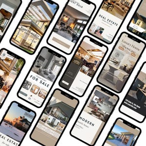 Modern real estate marketing kit mockup with minimalist beige Instagram templates, highlight covers, and professional realtor social media content