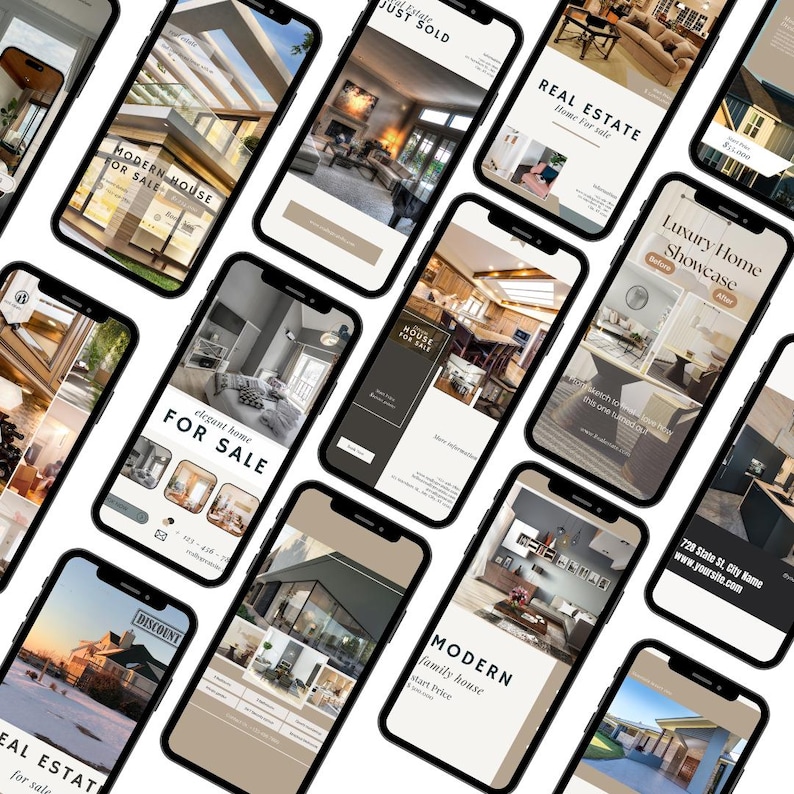 Modern real estate marketing kit mockup with minimalist beige Instagram templates, highlight covers, and professional realtor social media content
