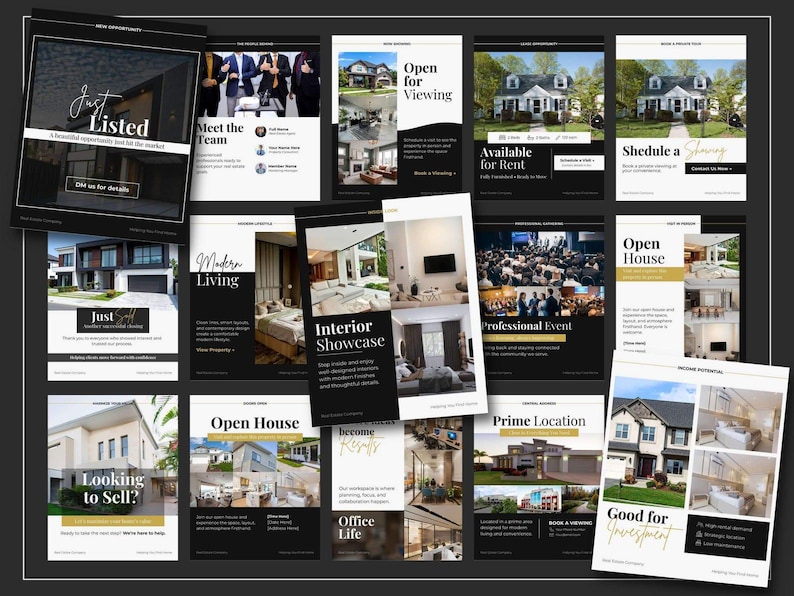 Real estate marketing kit Canva editable templates, Instagram posts and stories for realtors, brokers and property agencies