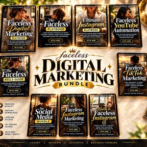 Może przedstawiać: Zbiór dziewięciu okładek przewodników marketingu cyfrowego z tytułami takimi jak Faceless Digital Marketing Playbook, Ultimate Instagram Playbook i Faceless YouTube Automation, prezentowanych ze złotymi akcentami na marmurowej powierzchni.