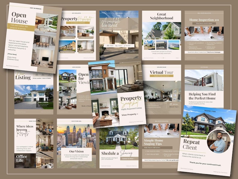 Real estate Instagram templates bundle for brokers and agents, minimalist Canva marketing kit with editable social media posts