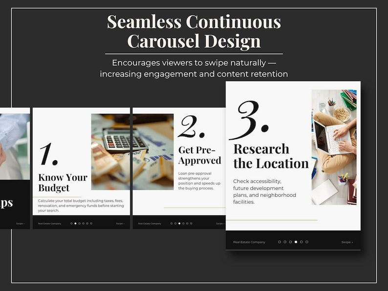 Real estate carousel templates Canva bundle, seamless Instagram swipe posts for property listings and marketing content